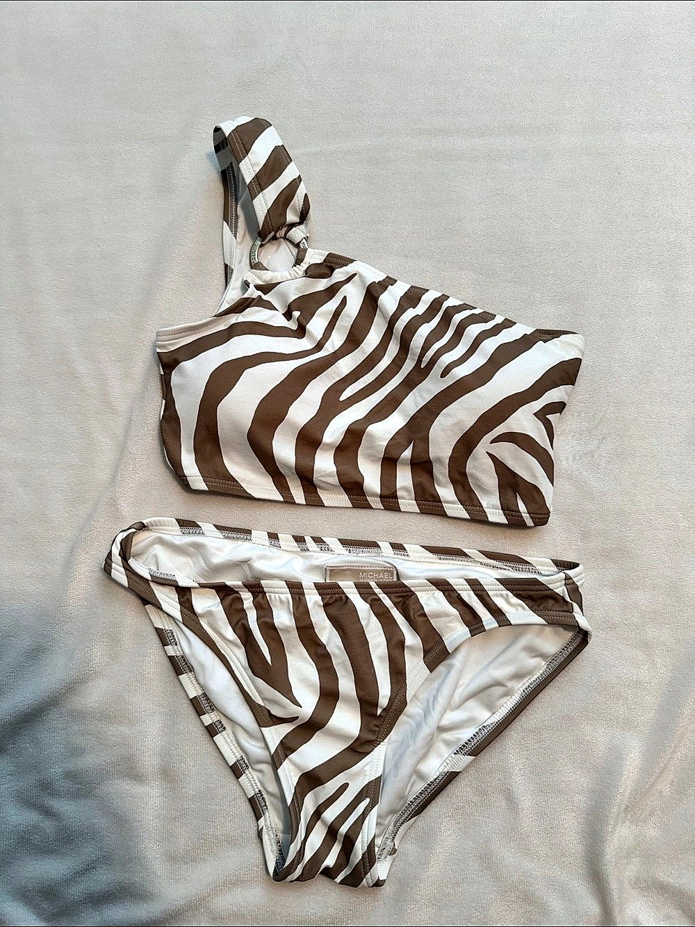 Michael Kors Zebra Print One-Shoulder O-Ring Bikini Set Brown & White XS